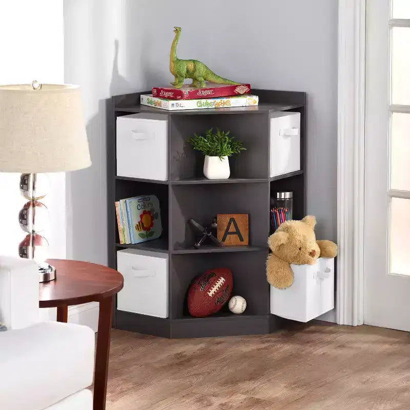 Corner Cubby Storage Unit with 4 Reversible Baskets Charcoal: 9 Compartments, 10 Shelves, MDF Frame