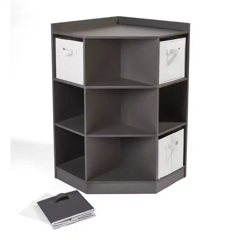 Corner Cubby Storage Unit with 4 Reversible Baskets Charcoal: 9 Compartments, 10 Shelves, MDF Frame