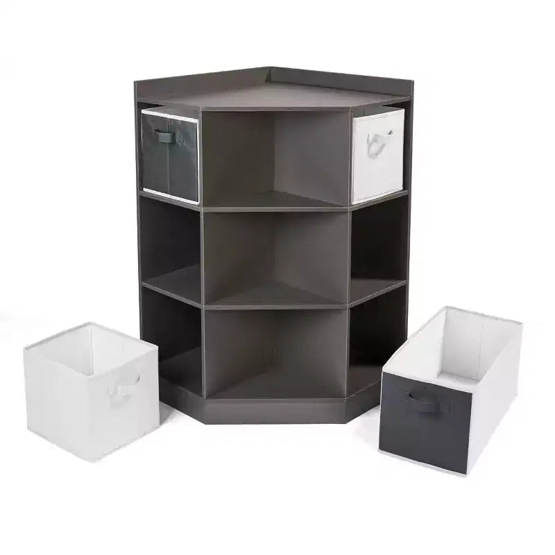 Corner Cubby Storage Unit with 4 Reversible Baskets Charcoal: 9 Compartments, 10 Shelves, MDF Frame