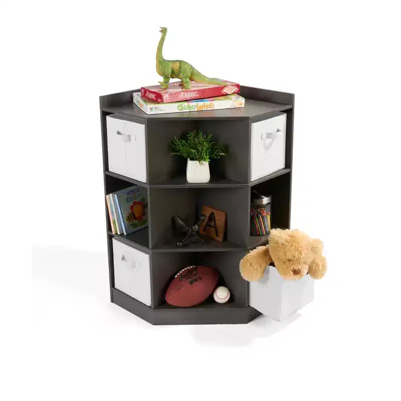 Corner Cubby Storage Unit with 4 Reversible Baskets Charcoal: 9 Compartments, 10 Shelves, MDF Frame