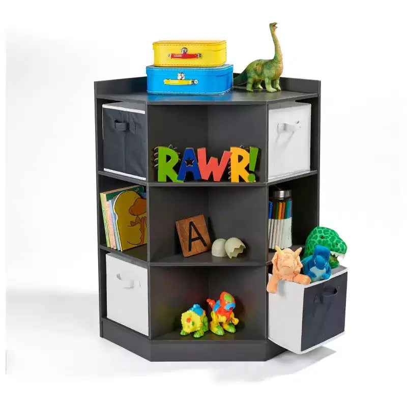 Corner Cubby Storage Unit with 4 Reversible Baskets Charcoal: 9 Compartments, 10 Shelves, MDF Frame