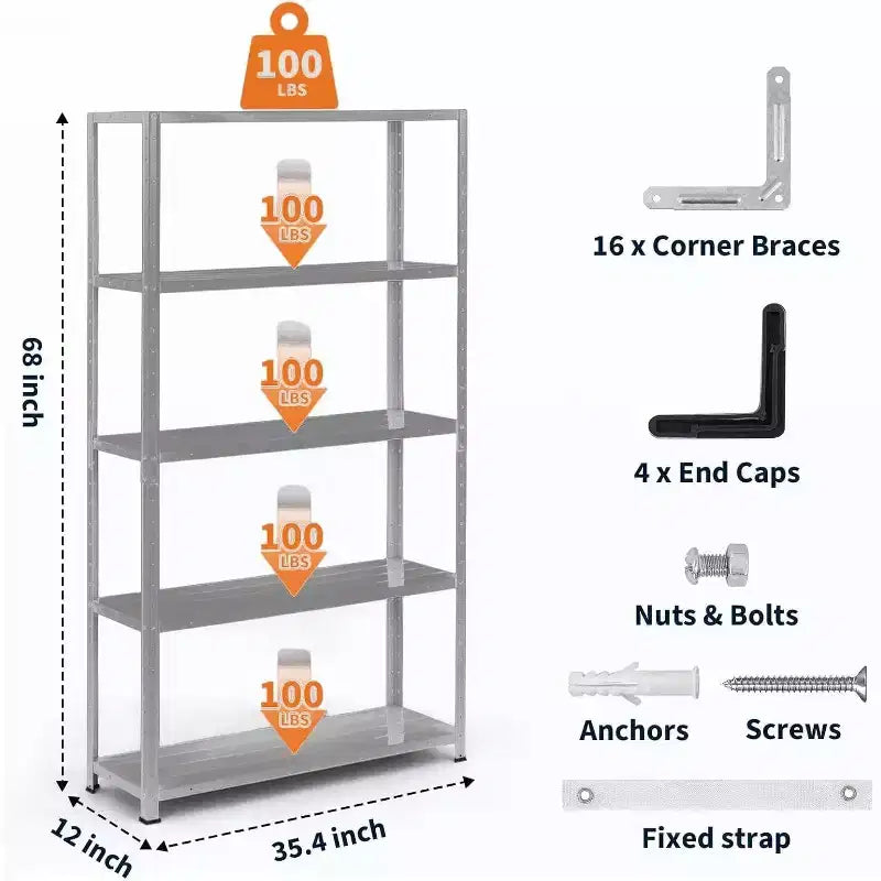 5-Tier Heavy Duty Metal Shelving Unit, Adjustable Garage Storage Rack, 36x12x68 for Kitchen, Pantry, Basement, Laundry