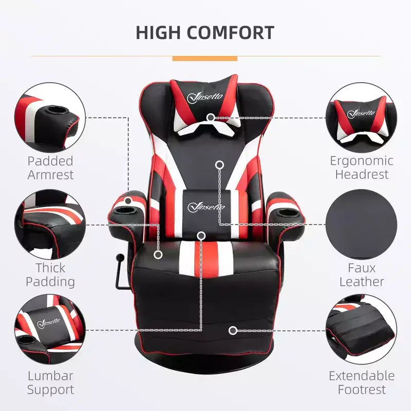 90-130 Recliner Gaming Chair with Swivel Base Plate&Cup Holder,360 Swivel Office Chair Video Game Chairs with Head&Lumbar Pillow,Footrest