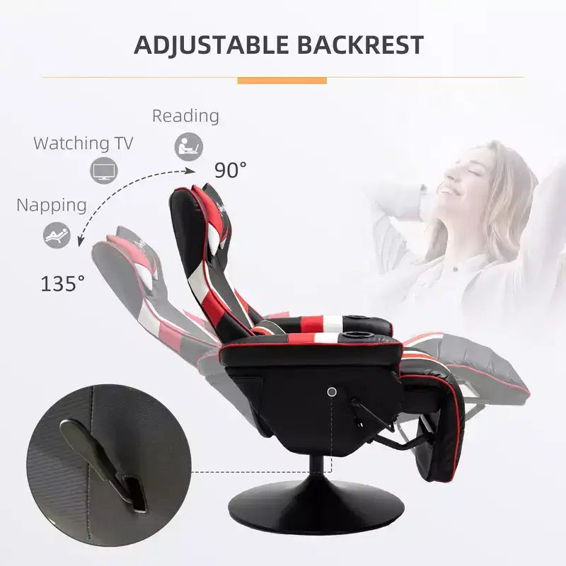 90-130 Recliner Gaming Chair with Swivel Base Plate&Cup Holder,360 Swivel Office Chair Video Game Chairs with Head&Lumbar Pillow,Footrest