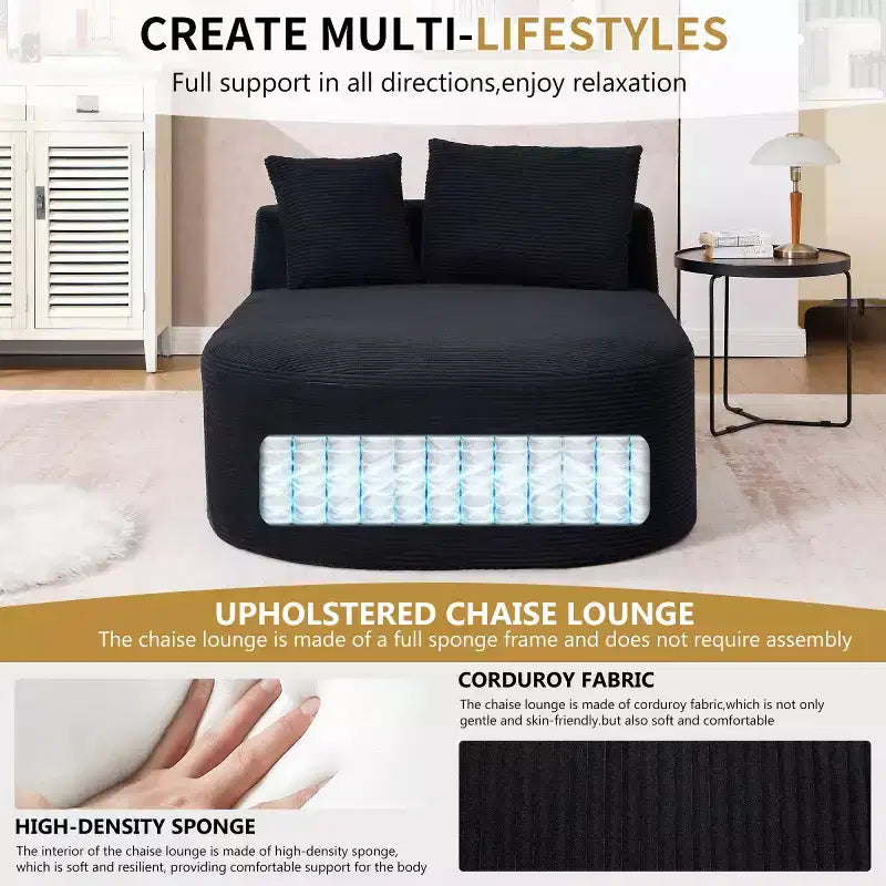 Oversized Corduroy Upholstered Chaise Lounge Chair with 46 Wide Seat, Comfy Sleeper Sofa with Pillows for Living Room or Bedroom