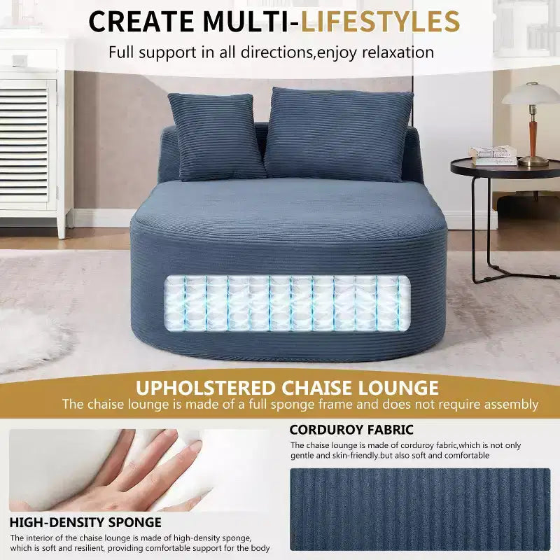 Oversized Corduroy Upholstered Chaise Lounge Chair with 46 Wide Seat, Comfy Sleeper Sofa with Pillows for Living Room or Bedroom