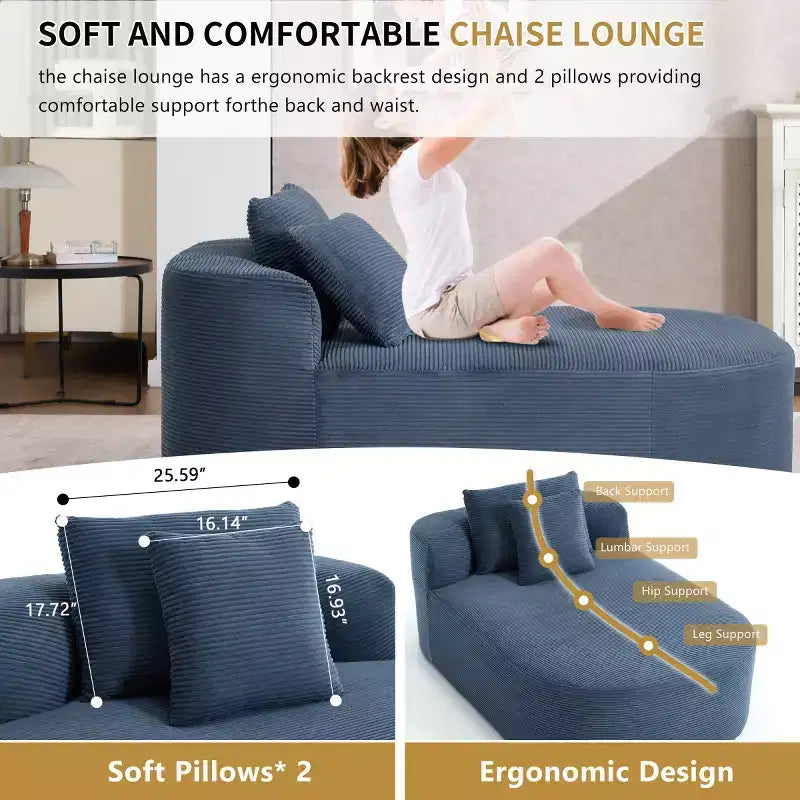 Oversized Corduroy Upholstered Chaise Lounge Chair with 46 Wide Seat, Comfy Sleeper Sofa with Pillows for Living Room or Bedroom