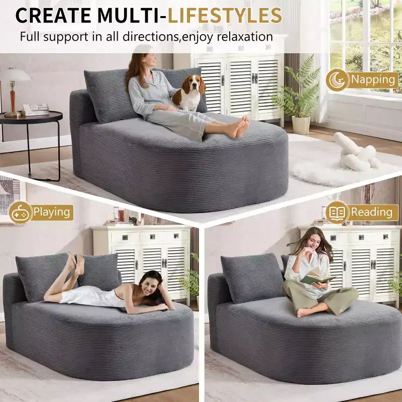Oversized Corduroy Upholstered Chaise Lounge Chair with 46 Wide Seat, Comfy Sleeper Sofa with Pillows for Living Room or Bedroom