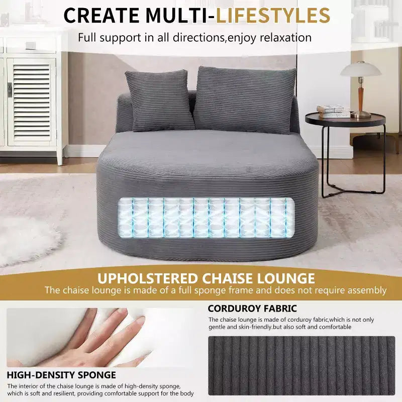 Oversized Corduroy Upholstered Chaise Lounge Chair with 46 Wide Seat, Comfy Sleeper Sofa with Pillows for Living Room or Bedroom