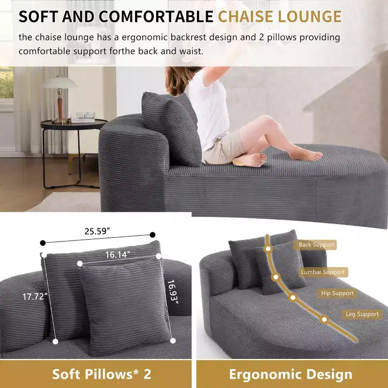 Oversized Corduroy Upholstered Chaise Lounge Chair with 46 Wide Seat, Comfy Sleeper Sofa with Pillows for Living Room or Bedroom