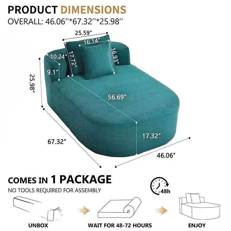 Oversized Corduroy Upholstered Chaise Lounge Chair with 46 Wide Seat, Comfy Sleeper Sofa with Pillows for Living Room or Bedroom