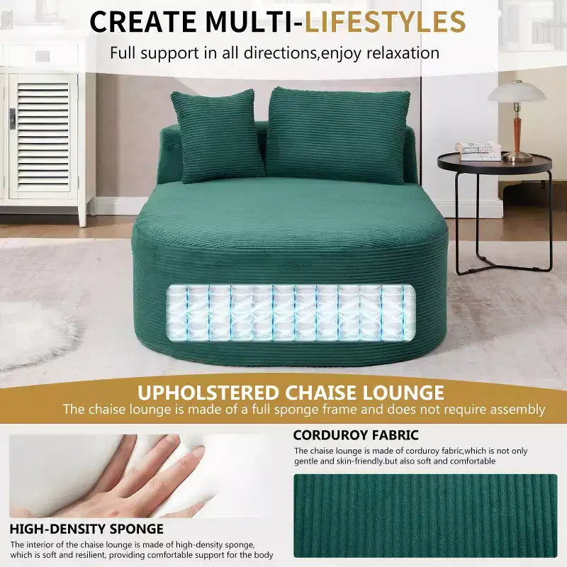 Oversized Corduroy Upholstered Chaise Lounge Chair with 46 Wide Seat, Comfy Sleeper Sofa with Pillows for Living Room or Bedroom