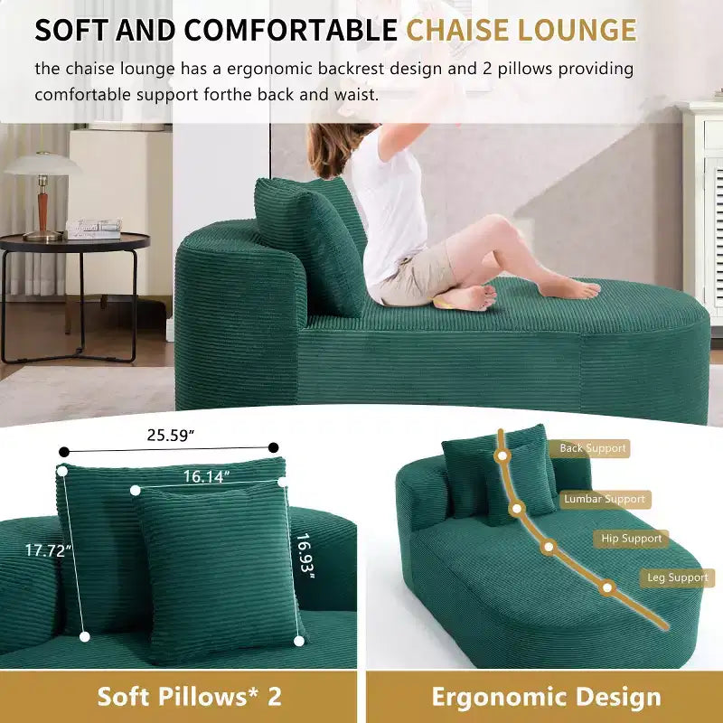Oversized Corduroy Upholstered Chaise Lounge Chair with 46 Wide Seat, Comfy Sleeper Sofa with Pillows for Living Room or Bedroom