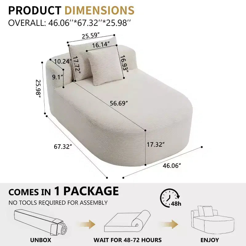 Oversized Corduroy Upholstered Chaise Lounge Chair with 46 Wide Seat, Comfy Sleeper Sofa with Pillows for Living Room or Bedroom