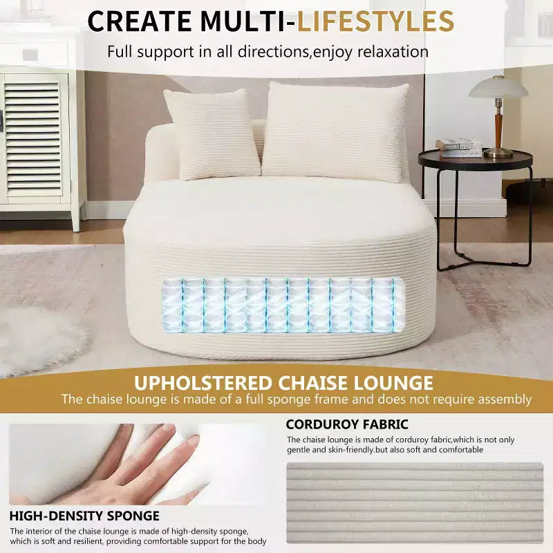Oversized Corduroy Upholstered Chaise Lounge Chair with 46 Wide Seat, Comfy Sleeper Sofa with Pillows for Living Room or Bedroom