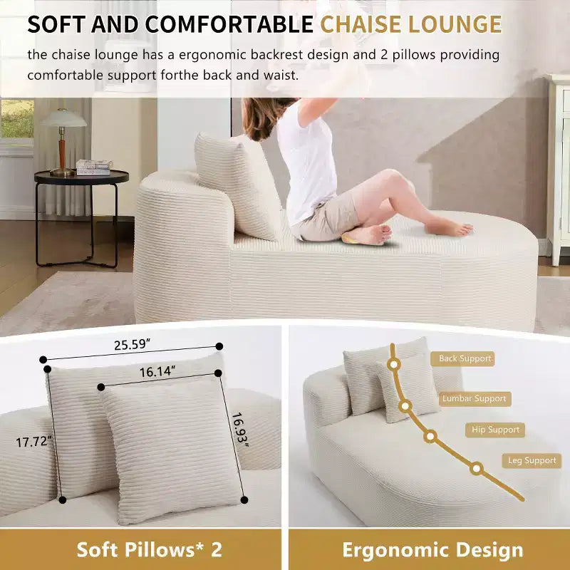 Oversized Corduroy Upholstered Chaise Lounge Chair with 46 Wide Seat, Comfy Sleeper Sofa with Pillows for Living Room or Bedroom