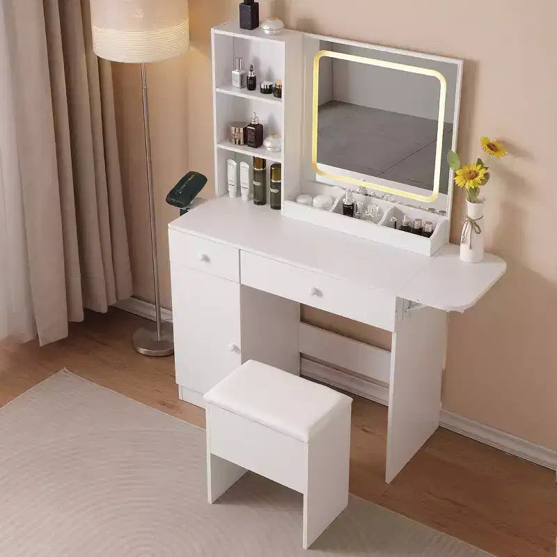 Vanity Desk with Storage Stool Set, Makeup Vanity with Power Outlet and Large Storage Cabinet, Makeup Table for Living Room, Bedroom, White