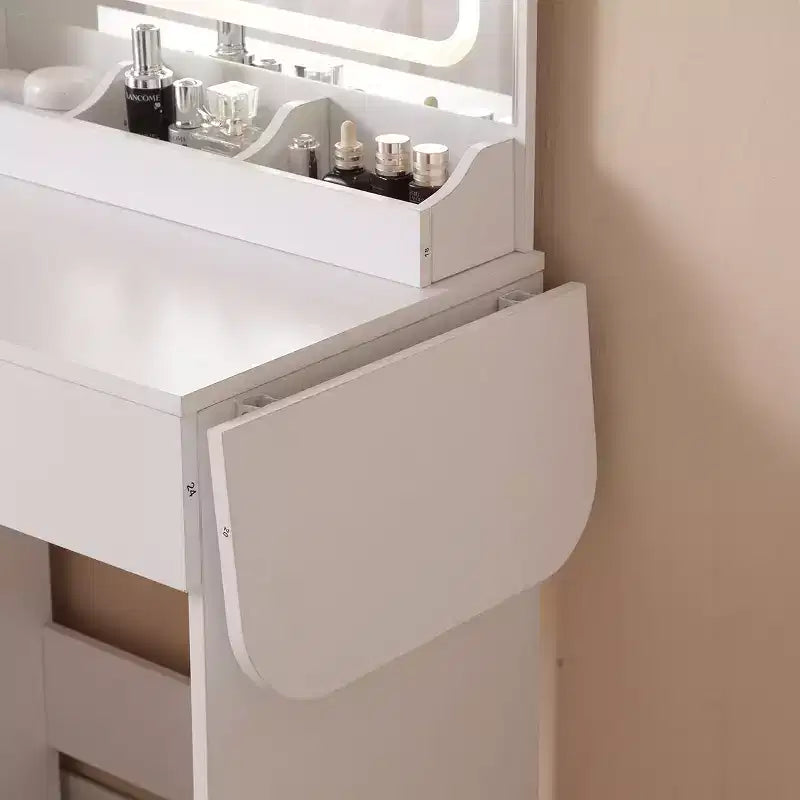 Vanity Desk with Storage Stool Set, Makeup Vanity with Power Outlet and Large Storage Cabinet, Makeup Table for Living Room, Bedroom, White