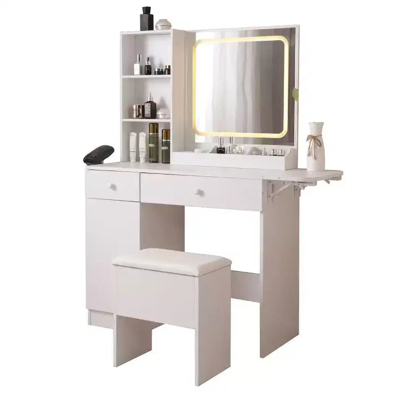 Vanity Desk with Storage Stool Set, Makeup Vanity with Power Outlet and Large Storage Cabinet, Makeup Table for Living Room, Bedroom, White