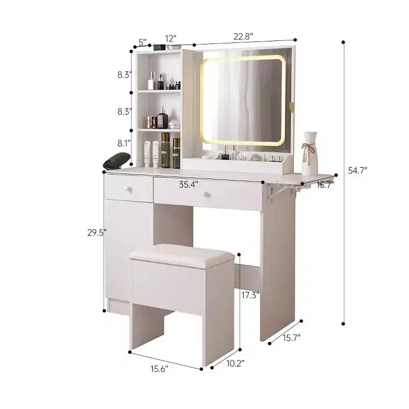 Vanity Desk with Storage Stool Set, Makeup Vanity with Power Outlet and Large Storage Cabinet, Makeup Table for Living Room, Bedroom, White