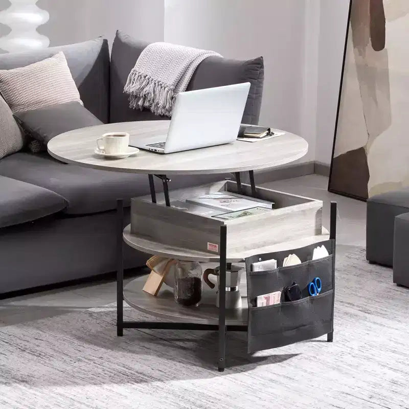 Lift Top Coffee Table, 35.3 in Round Coffee Table with Extra Storage Pockets, Pop Up Coffee Table for Living Room, Dark gray