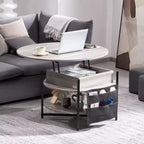 Tavolino da Salotto Sollevabile, Tavolino Rotondo da 89.6 cm con Tasche Portaoggetti Extra, Tavolino Trasformabile per Soggiorno, Grigio Scuro