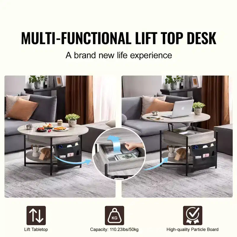 Lift Top Coffee Table, 35.3 in Round Coffee Table with Extra Storage Pockets, Pop Up Coffee Table for Living Room, Dark gray