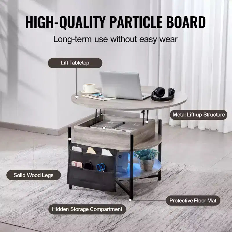 Lift Top Coffee Table, 35.3 in Round Coffee Table with Extra Storage Pockets, Pop Up Coffee Table for Living Room, Dark gray