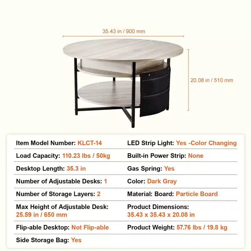 Lift Top Coffee Table, 35.3 in Round Coffee Table with Extra Storage Pockets, Pop Up Coffee Table for Living Room, Dark gray
