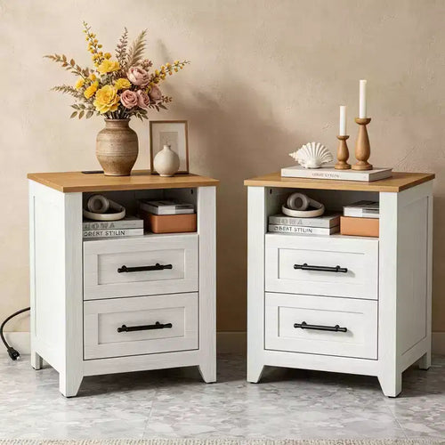 2 Pcs Farmhouse Nightstand with Charging Station  2 Drawers & Open Shelf, USB/Type-C/AC Outlets, End Table for Bedroom, Living Room