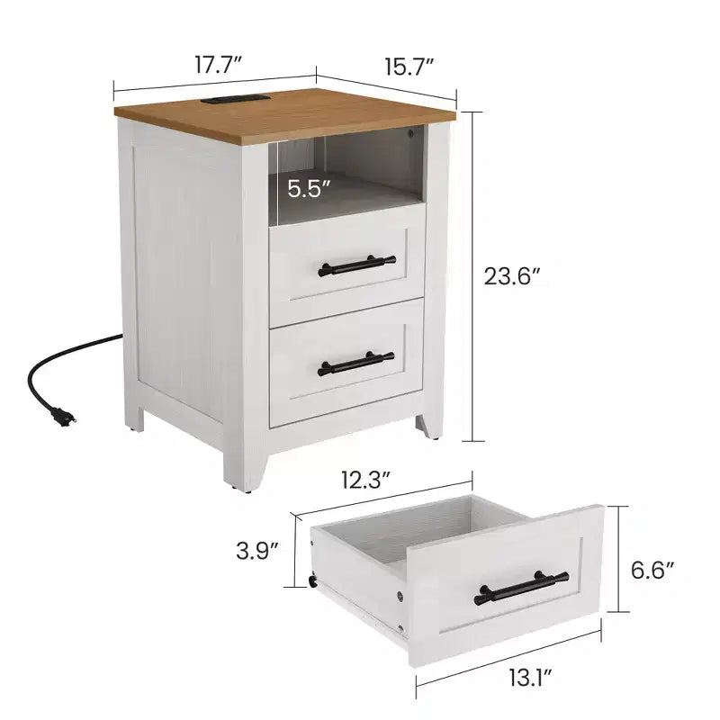2 Pcs Farmhouse Nightstand with Charging Station 2 Drawers & Open Shelf, USB/Type-C/AC Outlets, End Table for Bedroom, Living Room
