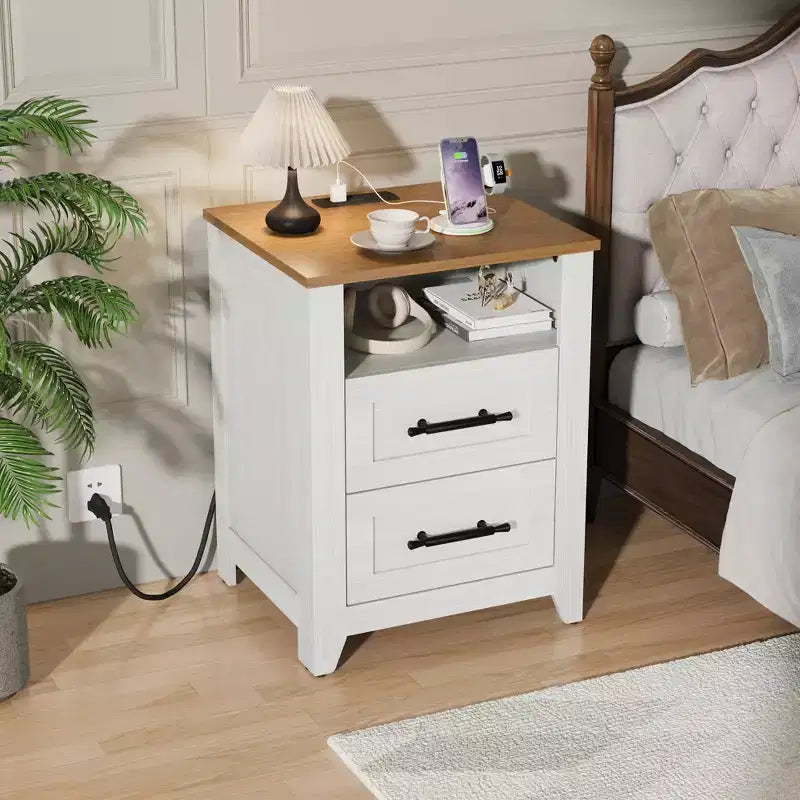 2 Pcs Farmhouse Nightstand with Charging Station 2 Drawers & Open Shelf, USB/Type-C/AC Outlets, End Table for Bedroom, Living Room