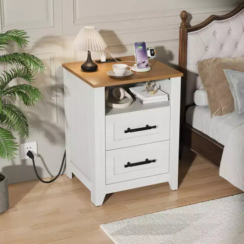 2 Pcs Farmhouse Nightstand with Charging Station 2 Drawers & Open Shelf, USB/Type-C/AC Outlets, End Table for Bedroom, Living Room