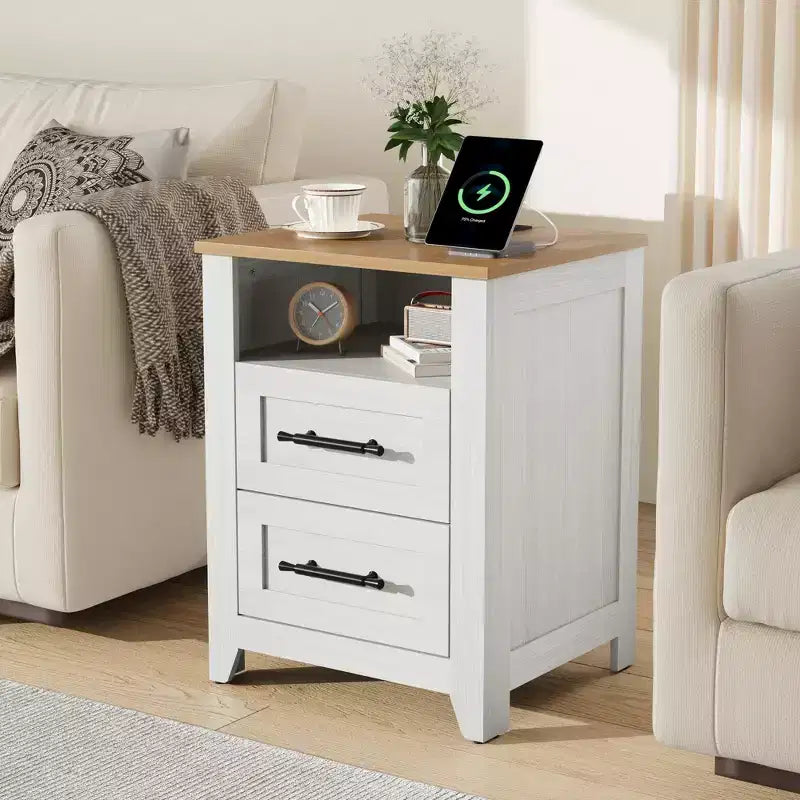 2 Pcs Farmhouse Nightstand with Charging Station 2 Drawers & Open Shelf, USB/Type-C/AC Outlets, End Table for Bedroom, Living Room