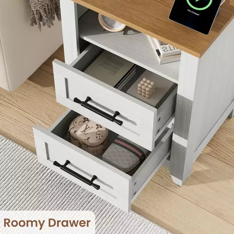 2 Pcs Farmhouse Nightstand with Charging Station 2 Drawers & Open Shelf, USB/Type-C/AC Outlets, End Table for Bedroom, Living Room