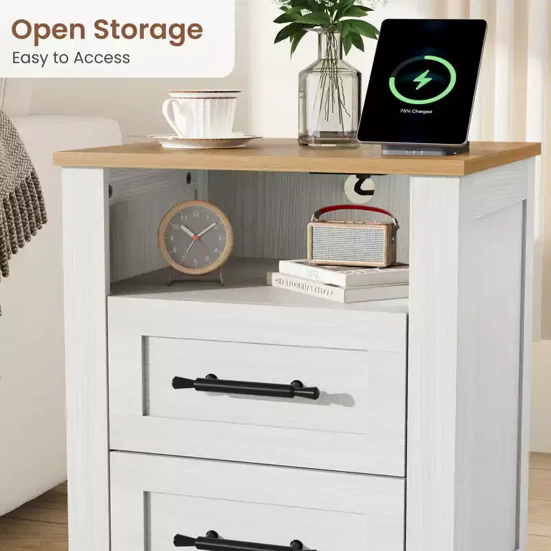 2 Pcs Farmhouse Nightstand with Charging Station 2 Drawers & Open Shelf, USB/Type-C/AC Outlets, End Table for Bedroom, Living Room