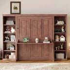 Letto a scomparsa matrimoniale/queen size salvaspazio con scrivania e libreria, Marrone scuro