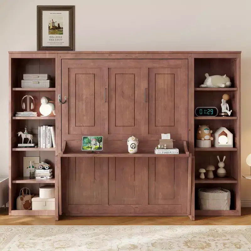 Full/Queen Size Murphy Bed Space-Saving Wall Bed with Desk and Bookshelf, Dark Brown
