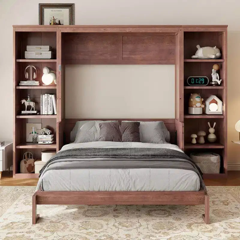 Full/Queen Size Murphy Bed Space-Saving Wall Bed with Desk and Bookshelf, Dark Brown