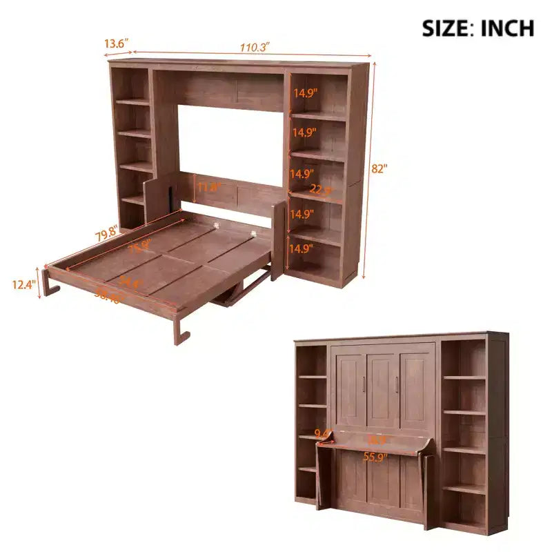 Full/Queen Size Murphy Bed Space-Saving Wall Bed with Desk and Bookshelf, Dark Brown