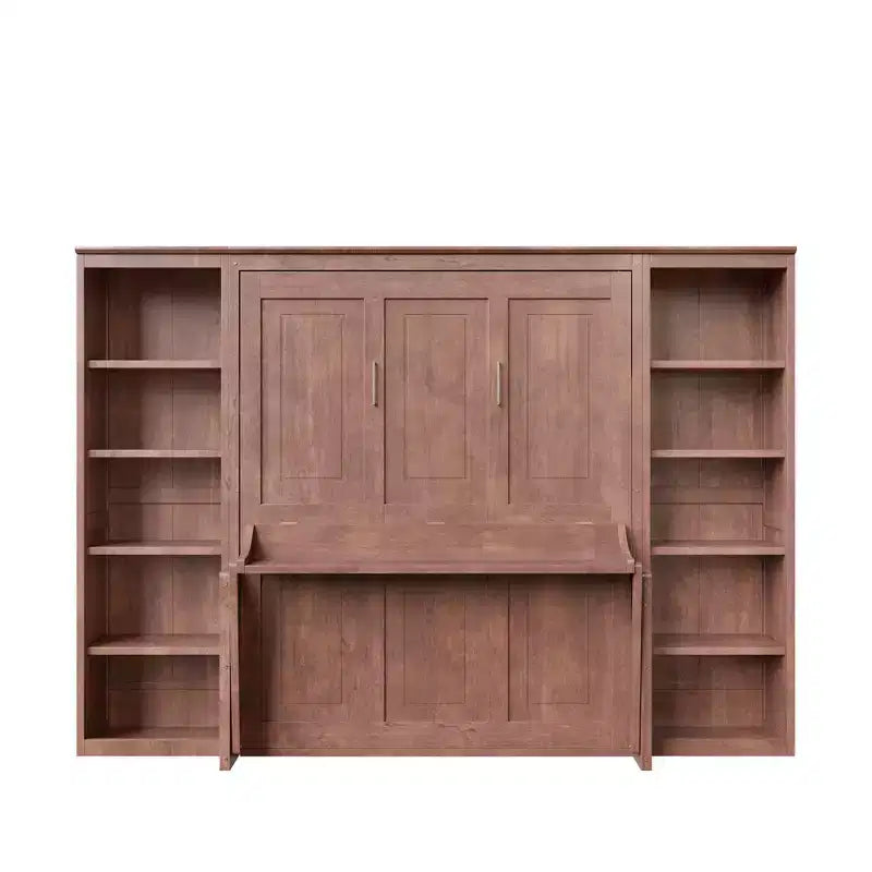 Full/Queen Size Murphy Bed Space-Saving Wall Bed with Desk and Bookshelf, Dark Brown
