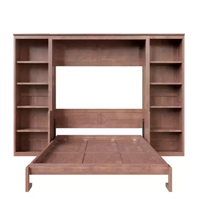 Full/Queen Size Murphy Bed Space-Saving Wall Bed with Desk and Bookshelf, Dark Brown