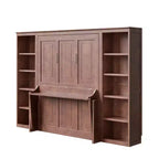 Letto a scomparsa matrimoniale/queen size salvaspazio con scrivania e libreria, Marrone scuro