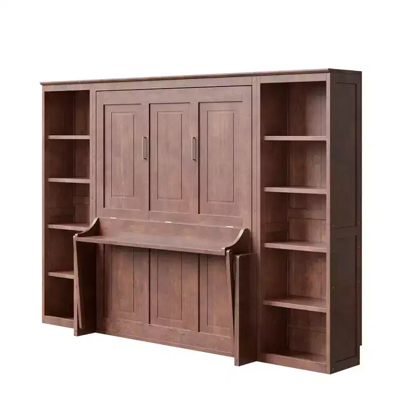 Full/Queen Size Murphy Bed Space-Saving Wall Bed with Desk and Bookshelf, Dark Brown