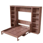 Letto a scomparsa matrimoniale/queen size salvaspazio con scrivania e libreria, Marrone scuro