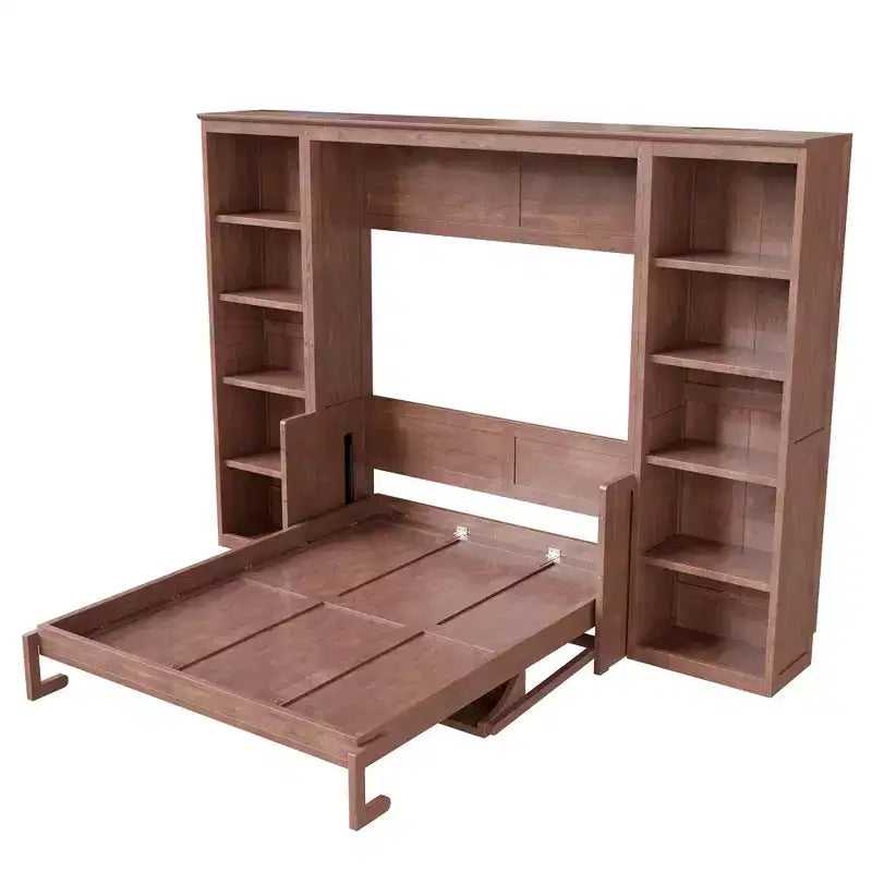 Full/Queen Size Murphy Bed Space-Saving Wall Bed with Desk and Bookshelf, Dark Brown