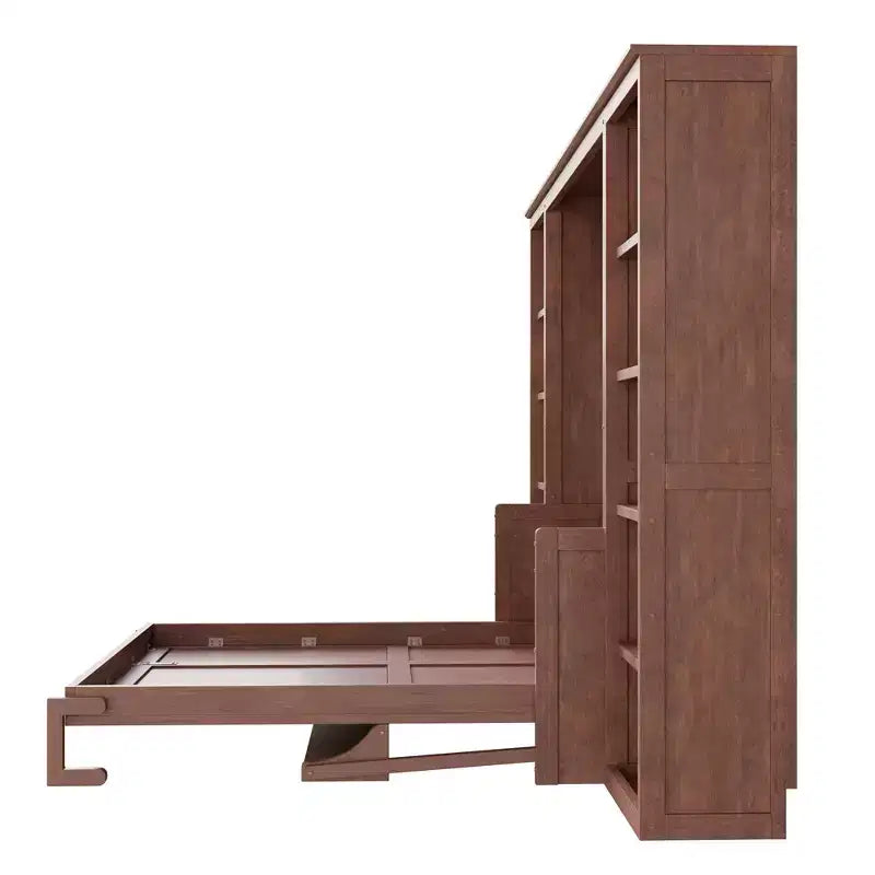 Full/Queen Size Murphy Bed Space-Saving Wall Bed with Desk and Bookshelf, Dark Brown