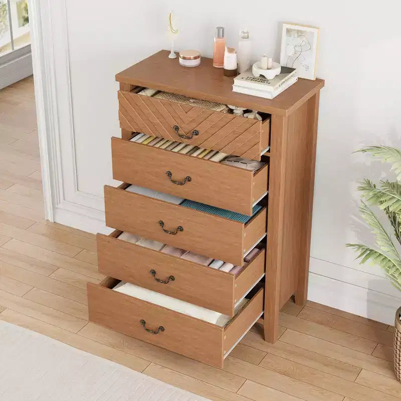 Farmhouse 5 Dresser for Bedroom, 45.2 in Tall Dresser, Vertical Drawer with Storage Freestanding, Wooden Closet Storage Chest for Bedroom