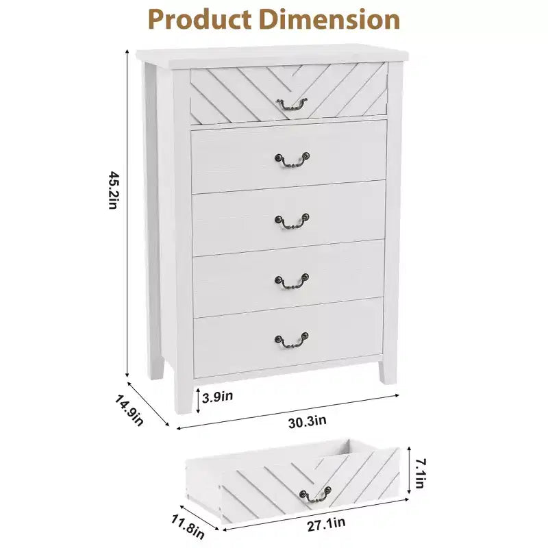 Farmhouse 5 Dresser for Bedroom, 45.2 in Tall Dresser, Vertical Drawer with Storage Freestanding, Wooden Closet Storage Chest for Bedroom