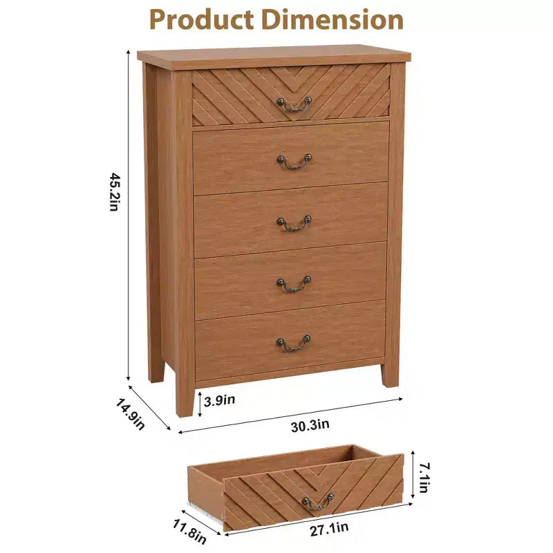 Farmhouse 5 Dresser for Bedroom, 45.2 in Tall Dresser, Vertical Drawer with Storage Freestanding, Wooden Closet Storage Chest for Bedroom